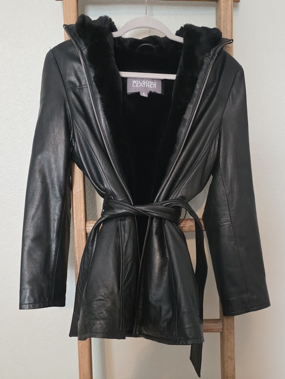Wilsons Leather Hooded Black Belted Faux-Fur Trim Leather Jacket